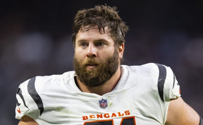 Nov 21, 2021; Paradise, Nevada, USA; Cincinnati Bengals offensive tackle Riley Reiff (71) against the Las Vegas Raiders at Allegiant Stadium. Mandatory Credit: Mark J. Rebilas-USA TODAY Sports